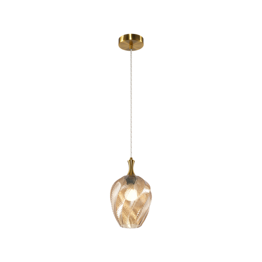 A single pendant in a Smoked or Amber-shaded glass, the Eesha would have a beautiful, organic look with a warm ambient glow. The design is crafted to resemble a softly curving leaf with delicate veins. Comes in 3 different shaped glass.