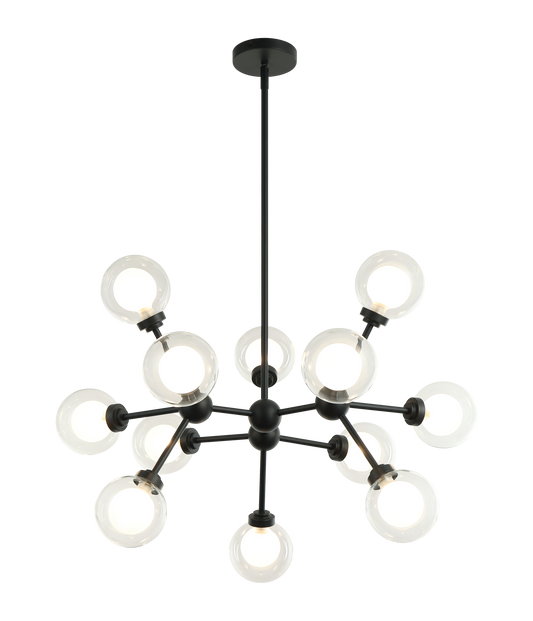 A chandelier inspired by the solar system, the Solaris comes with white opal inner glass and clear outer glass.The design typically aims to capture a celestial, orbital aesthetic.