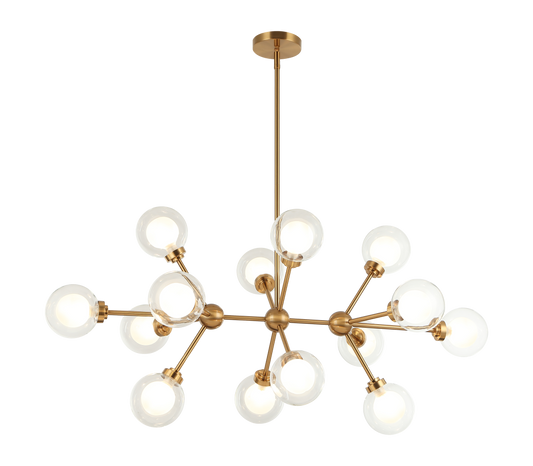 A chandelier inspired by the solar system, the Solaris comes with white opal inner glass and clear outer glass.The design typically aims to capture a celestial, orbital aesthetic.