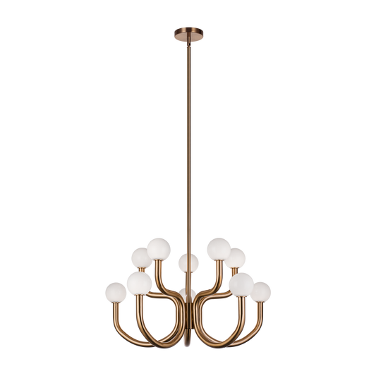 With flowing arms featuring round Opal glass, the Joelle incorporates a mix of style and elegance that could enhance the visual impact. Finishes include chandeliers and wall sconces in Aged Gold Brass and Matte Black.
