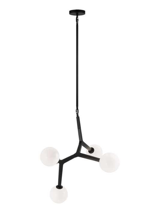 A mid-century inspired series that features branch-like elements with attached Opal Glass. The Rami is a stylish and graceful design that will bring refinement to any room. Available in the form of chandelier, wall sconce, and flush mount