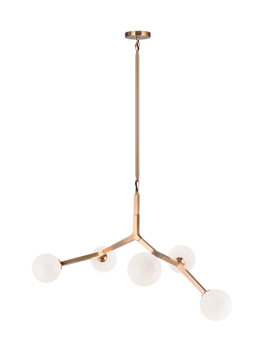 A mid-century inspired series that features branch-like elements with attached Opal Glass. The Rami is a stylish and graceful design that will bring refinement to any room. Available in the form of chandelier, wall sconce, and flush mount