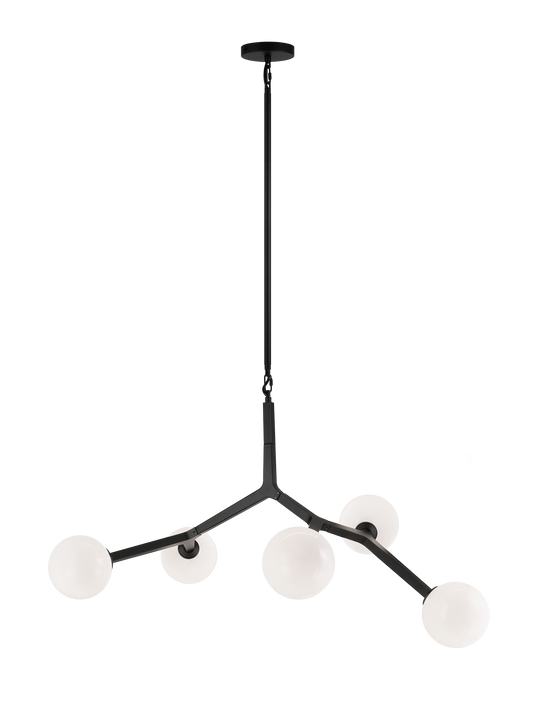 A mid-century inspired series that features branch-like elements with attached Opal Glass. The Rami is a stylish and graceful design that will bring refinement to any room. Available in the form of chandelier, wall sconce, and flush mount