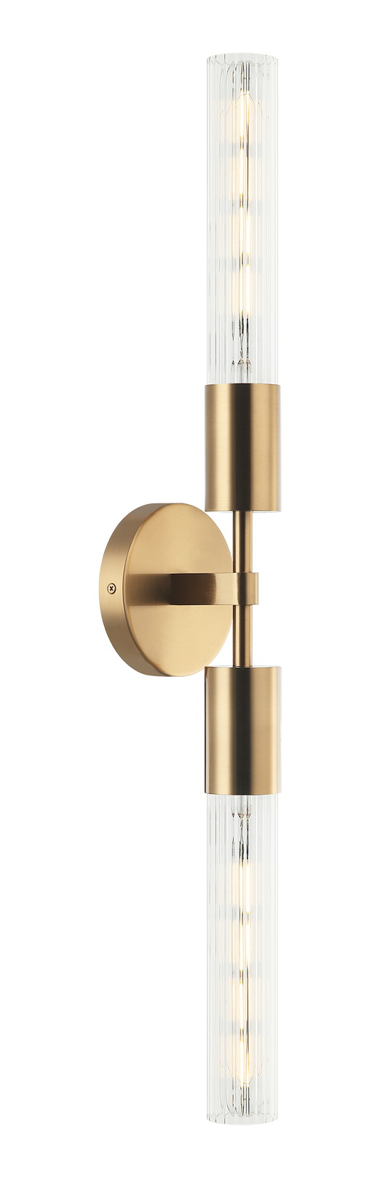 The Lumière is a modern wall vanity in an Aged Gold Brass or Matte Black socket and round backplate complemented by ribbed glass. Available in single or 2 light.