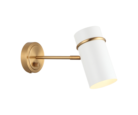 With the modern design and touch of mid-century elegance, the
Cilindro wall light would be a great piece for any reading nook,
bedroom and home office. Finishes include Aged Gold Brass with
White shade and Brushed Nickel with Matte Black shade