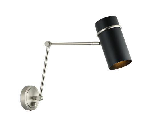 With the modern design and touch of mid-century elegance, the
Cilindro wall light would be a great piece for any reading nook,
bedroom and home office. Finishes include Aged Gold Brass with
White shade and Brushed Nickel with Matte Black shade