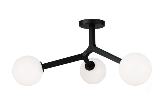 A mid-century inspired series that features branch-like elements with attached Opal Glass. The Rami is a stylish and graceful design that will bring refinement to any room. Available in the form of chandelier, wall sconce, and flush mount.