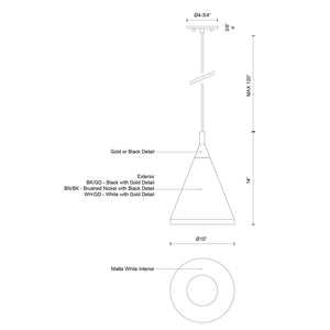 Dorothy 10-in White With Gold Detail 1 Light Pendant