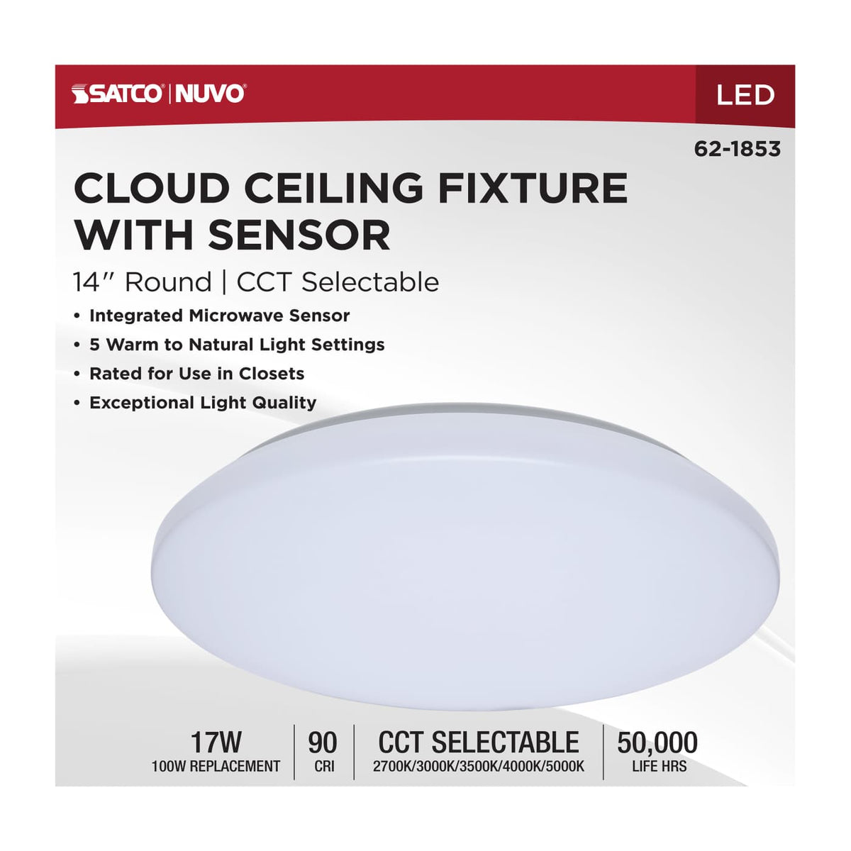14 Inch LED Cloud Fixture with Sensor, CCT