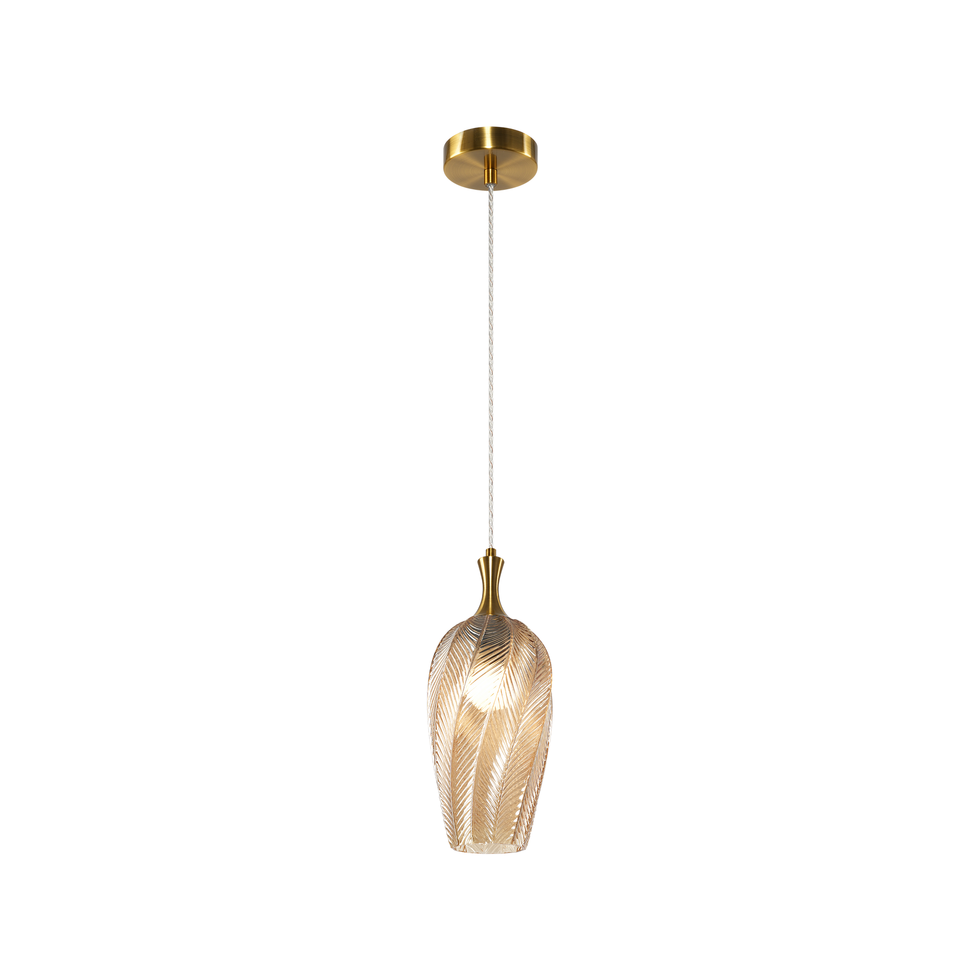 A single pendant in a Smoked or Amber-shaded glass, the Eesha would have a beautiful, organic look with a warm ambient glow. The design is crafted to resemble a softly curving leaf with delicate veins. Comes in 3 different shaped glass.