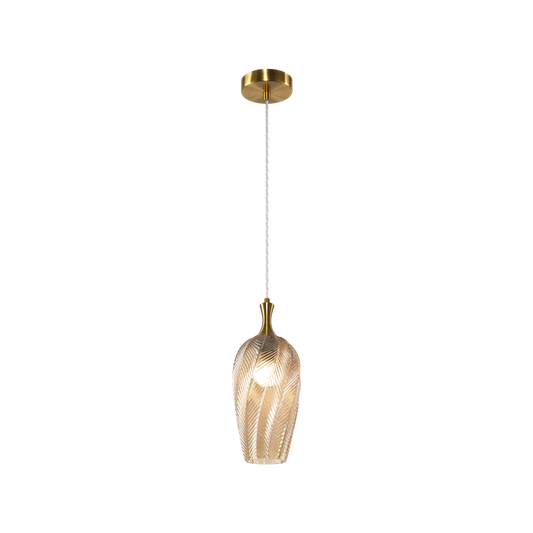 A single pendant in a Smoked or Amber-shaded glass, the Eesha would have a beautiful, organic look with a warm ambient glow. The design is crafted to resemble a softly curving leaf with delicate veins. Comes in 3 different shaped glass.