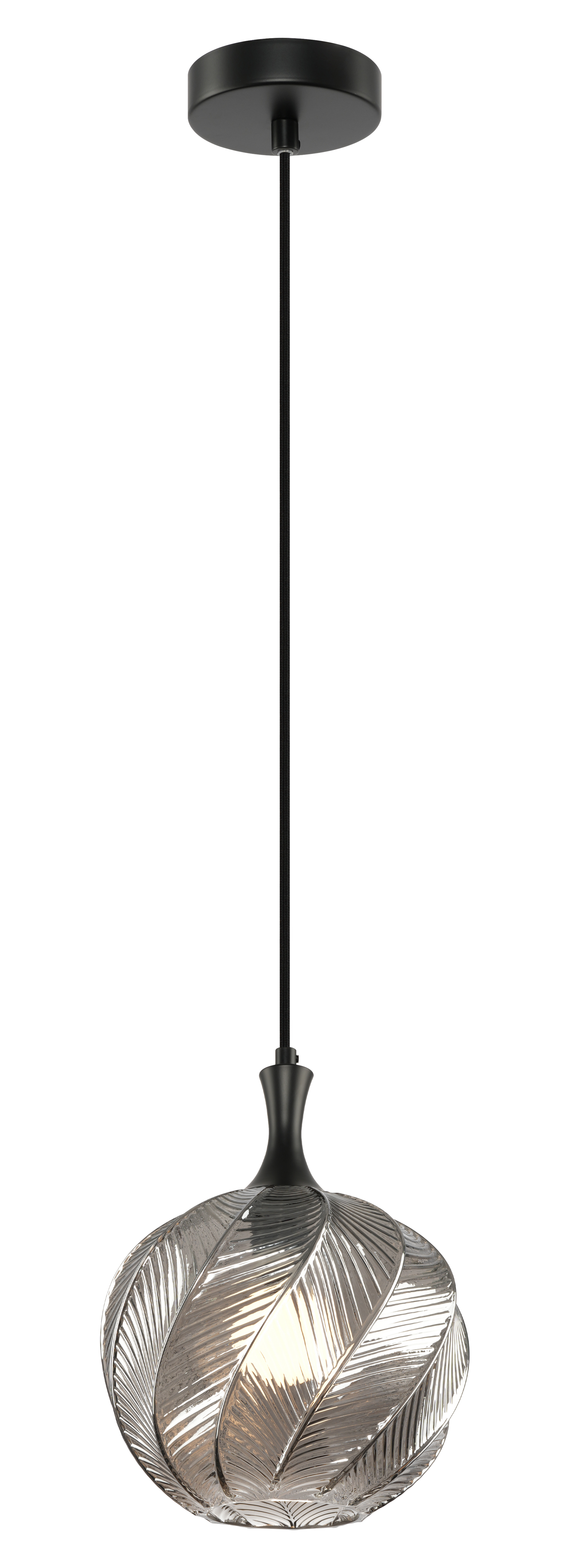 A single pendant in a Smoked or Amber-shaded glass, the Eesha would have a beautiful, organic look with a warm ambient glow. The design is crafted to resemble a softly curving leaf with delicate veins. Comes in 3 different shaped glass.