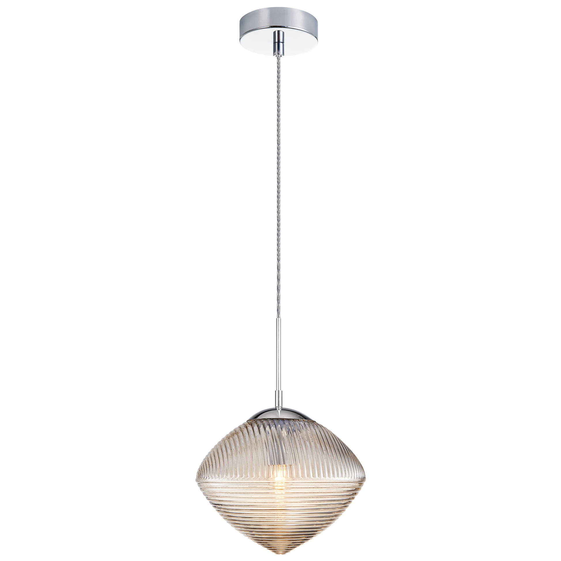 Pendant with a spiral and clean lined design in Cognac or Smoked glass would be a stunning focal point over an island or cozy lounge area. Comes in 3 styles of glass in Chrome and Matte Black canopy.