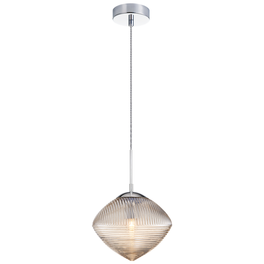 Pendant with a spiral and clean lined design in Cognac or Smoked glass would be a stunning focal point over an island or cozy lounge area. Comes in 3 styles of glass in Chrome and Matte Black canopy.