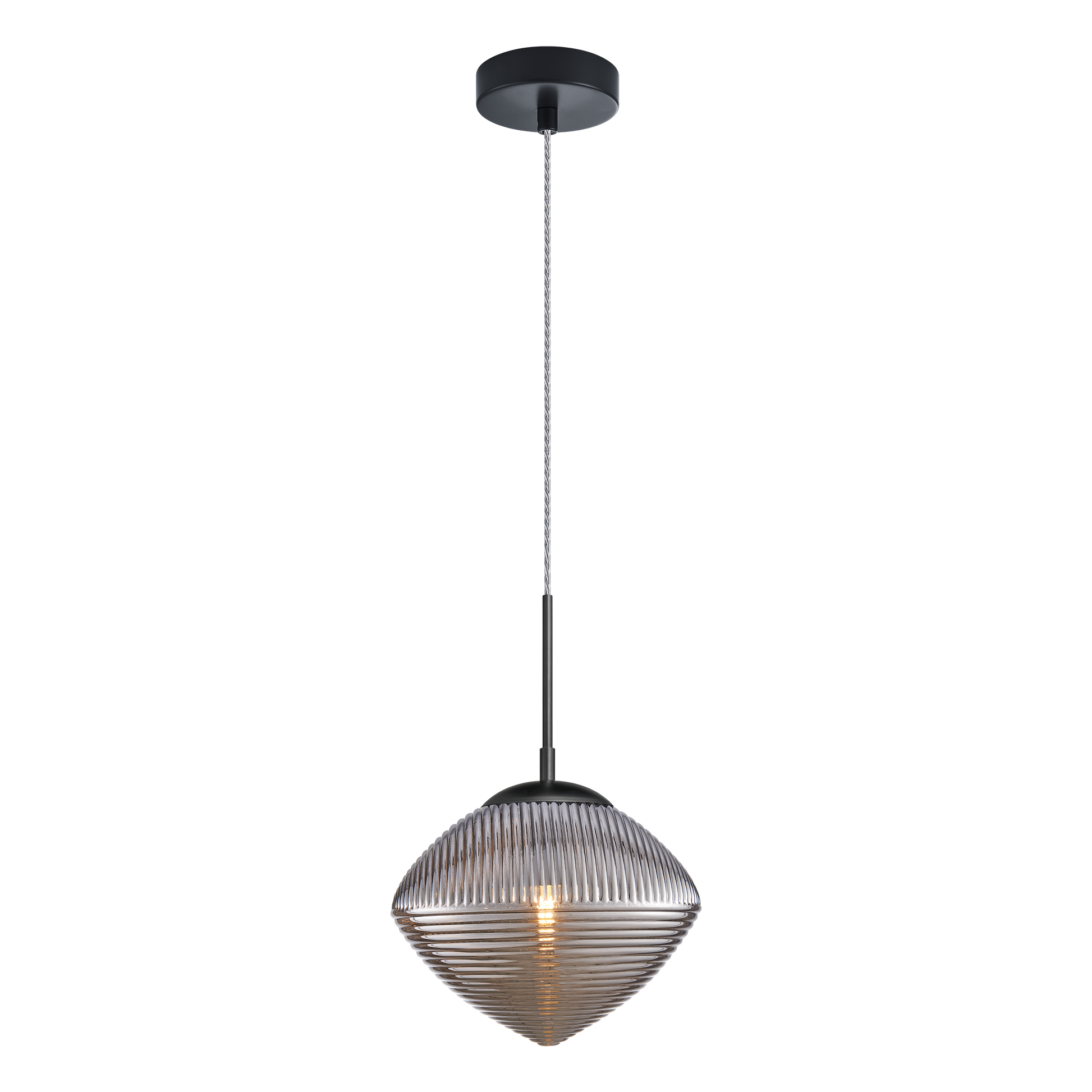 Pendant with a spiral and clean lined design in Cognac or Smoked glass would be a stunning focal point over an island or cozy lounge area. Comes in 3 styles of glass in Chrome and Matte Black canopy.