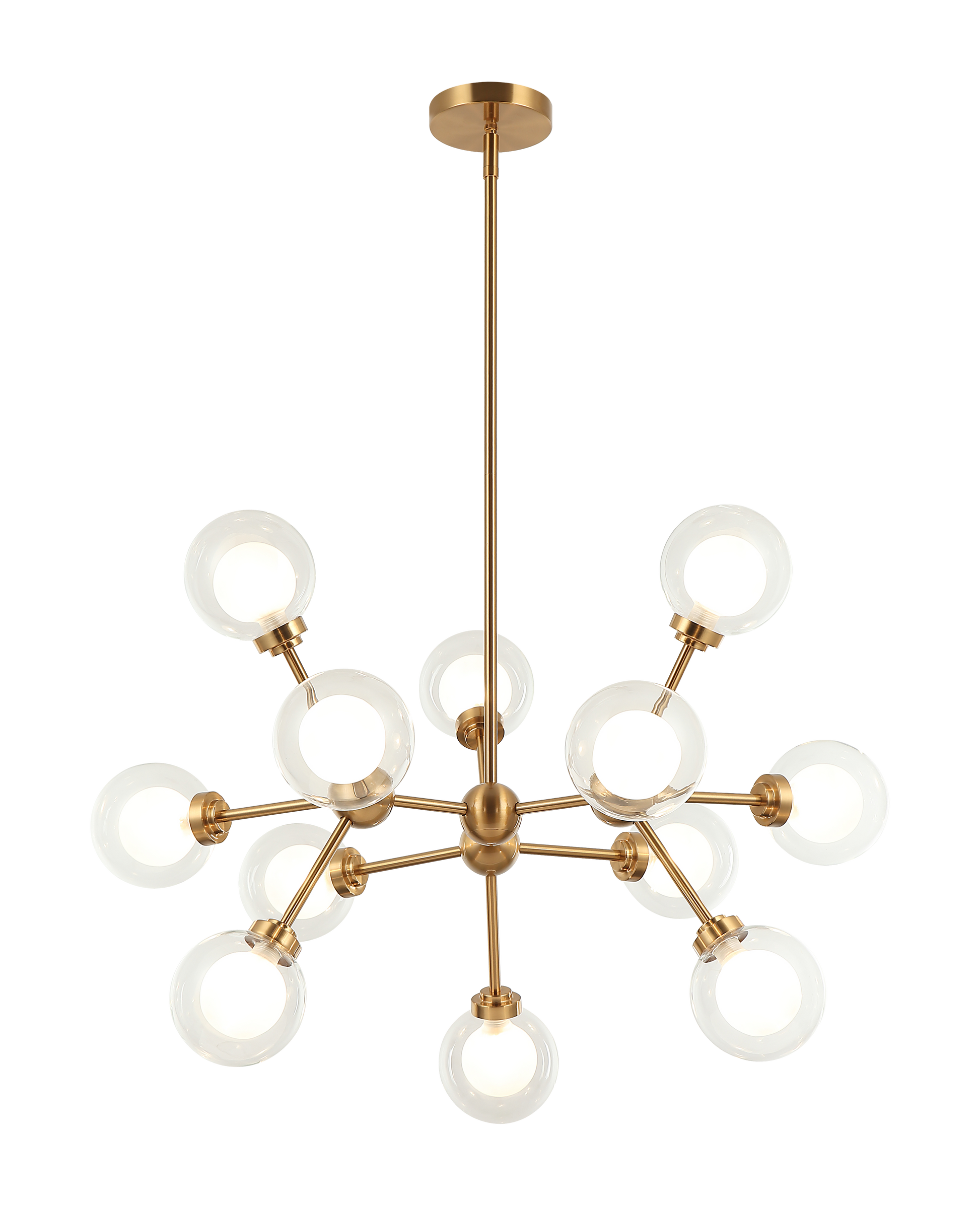 A chandelier inspired by the solar system, the Solaris comes with white opal inner glass and clear outer glass.The design typically aims to capture a celestial, orbital aesthetic.