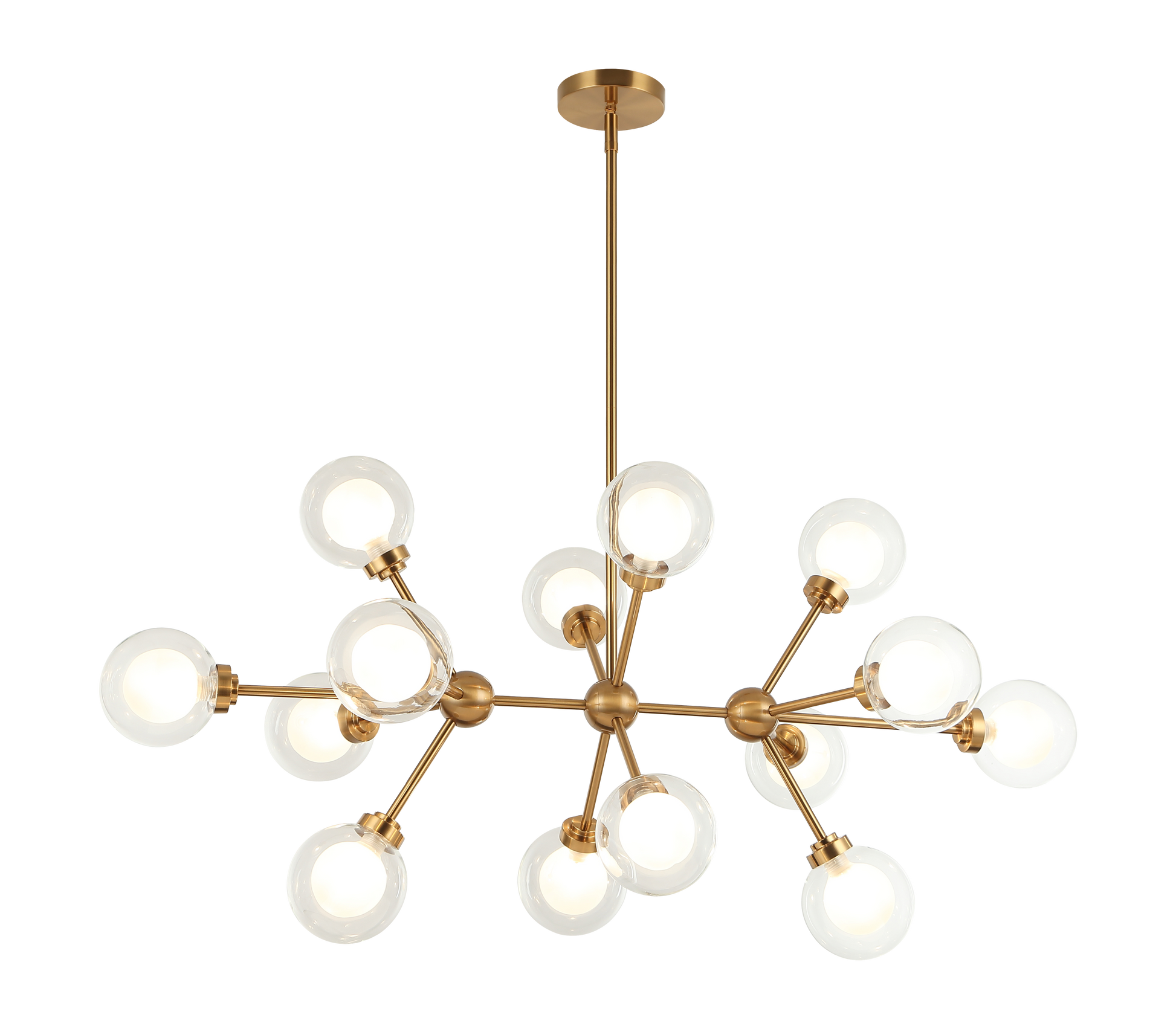 A chandelier inspired by the solar system, the Solaris comes with white opal inner glass and clear outer glass.The design typically aims to capture a celestial, orbital aesthetic.