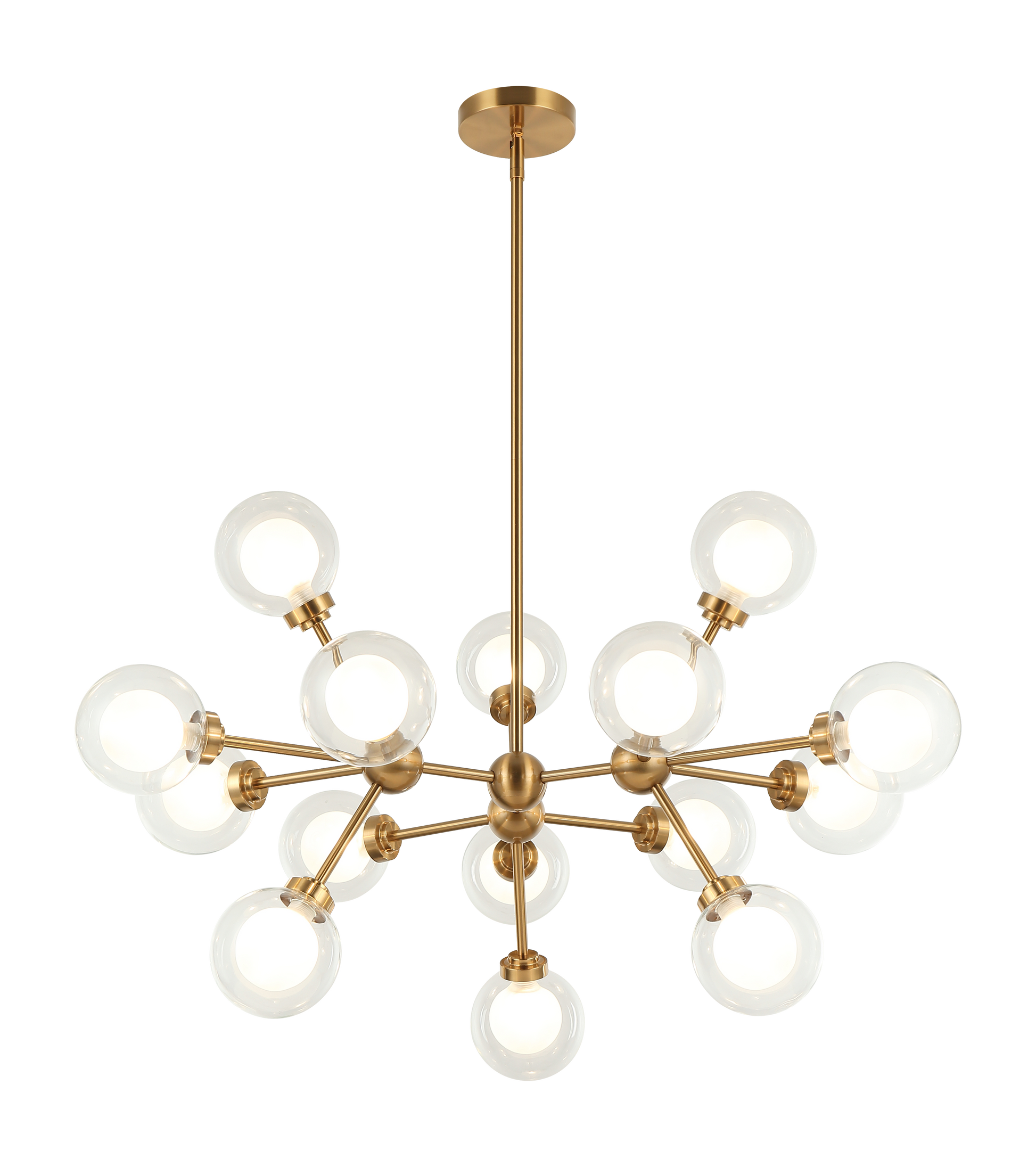 A chandelier inspired by the solar system, the Solaris comes with white opal inner glass and clear outer glass.The design typically aims to capture a celestial, orbital aesthetic.