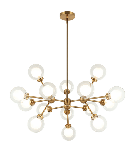 A chandelier inspired by the solar system, the Solaris comes with white opal inner glass and clear outer glass.The design typically aims to capture a celestial, orbital aesthetic.