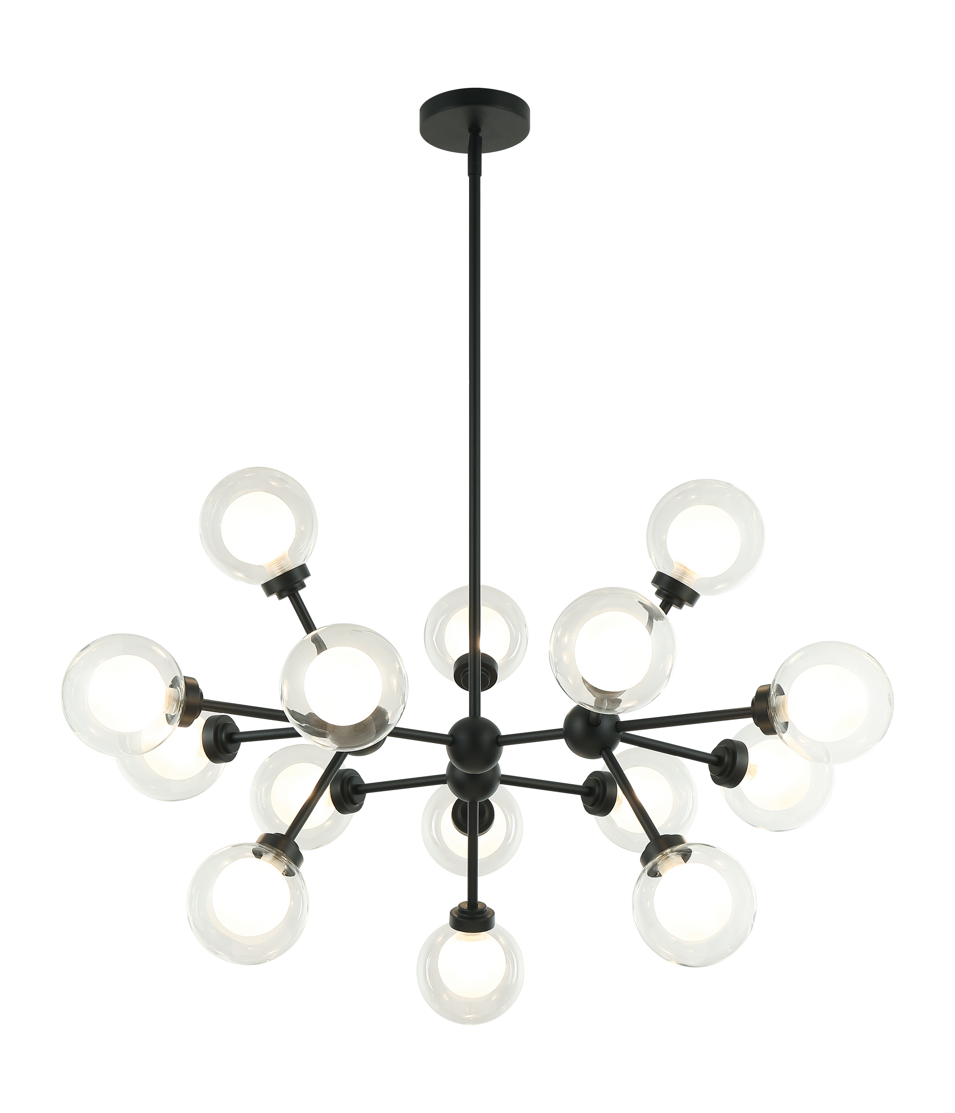 A chandelier inspired by the solar system, the Solaris comes with white opal inner glass and clear outer glass.The design typically aims to capture a celestial, orbital aesthetic.