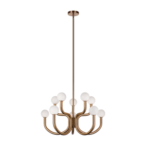 With flowing arms featuring round Opal glass, the Joelle incorporates a mix of style and elegance that could enhance the visual impact. Finishes include chandeliers and wall sconces in Aged Gold Brass and Matte Black.