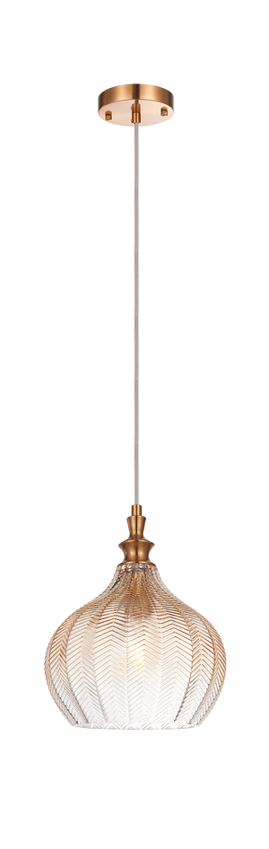 The Renity series features an elegant design of chevron textured glass, matched with either Aged Gold Brass or Smoke finish.These sophisticated pendants will add charm to any space. Available in 2 glass shapes.