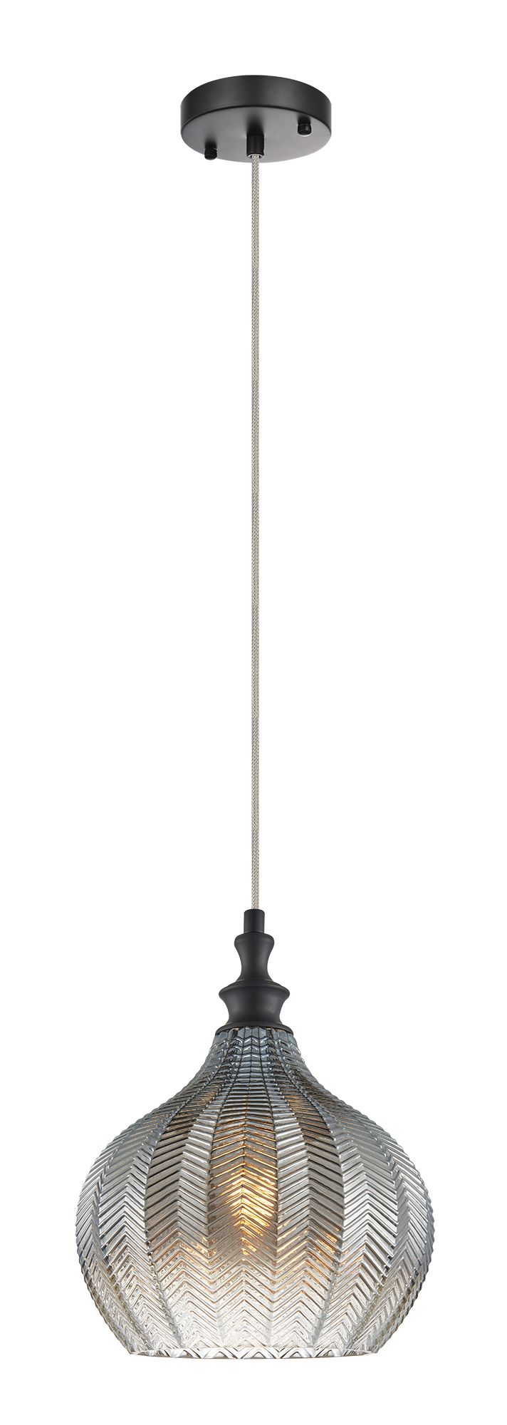 The Renity series features an elegant design of chevron textured glass, matched with either Aged Gold Brass or Smoke finish.These sophisticated pendants will add charm to any space. Available in 2 glass shapes.