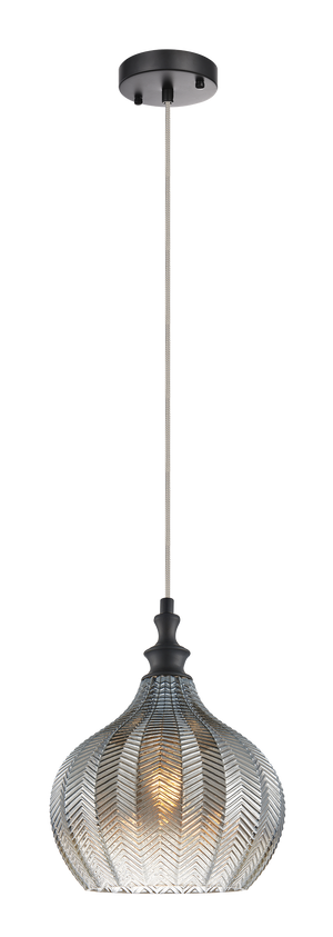 The Renity series features an elegant design of chevron textured glass, matched with either Aged Gold Brass or Smoke finish.These sophisticated pendants will add charm to any space. Available in 2 glass shapes.