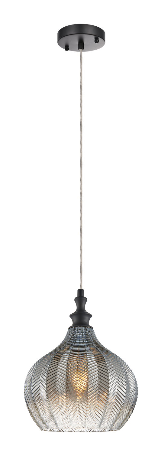 The Renity series features an elegant design of chevron textured glass, matched with either Aged Gold Brass or Smoke finish.These sophisticated pendants will add charm to any space. Available in 2 glass shapes.