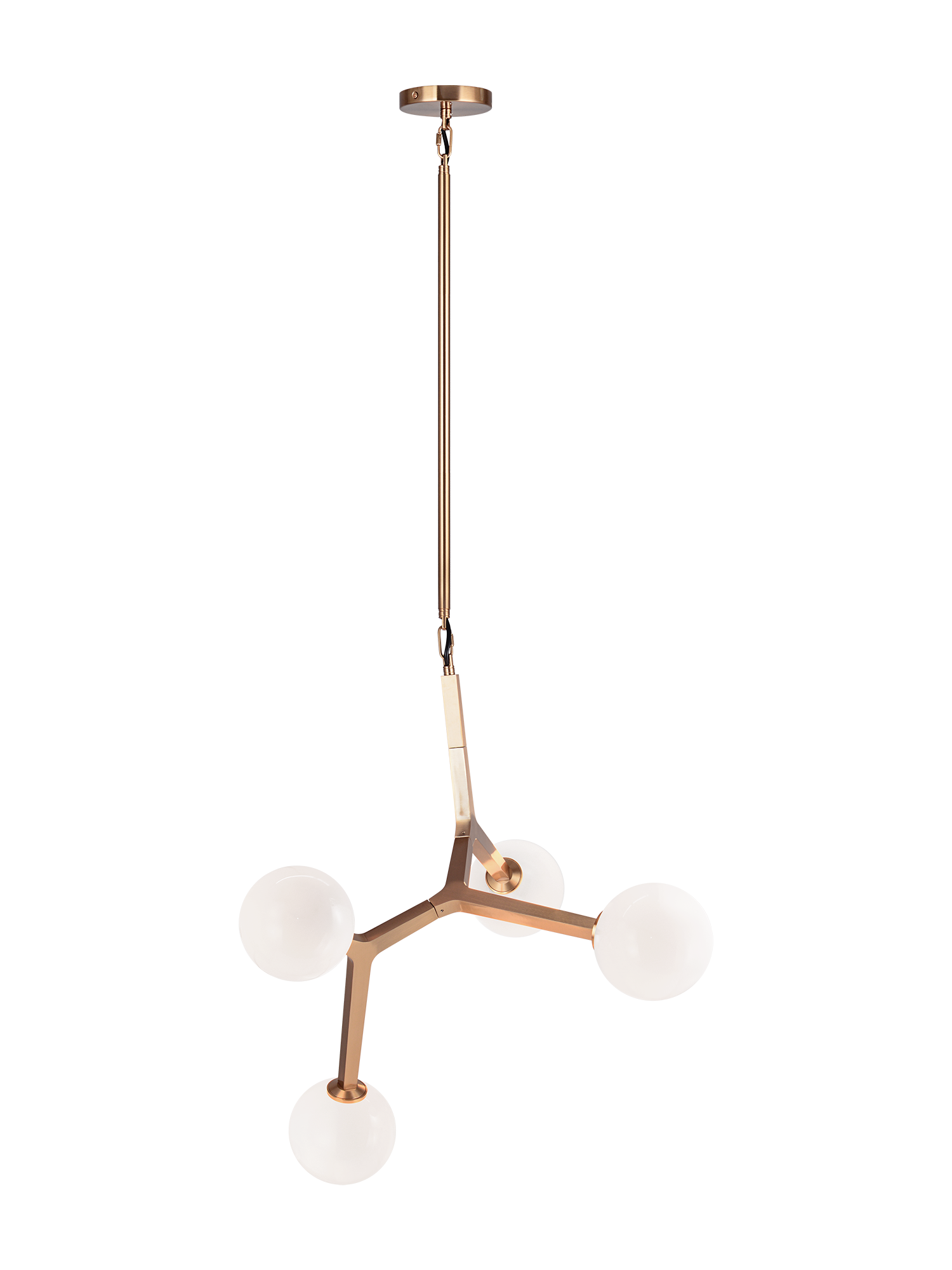 A mid-century inspired series that features branch-like elements with attached Opal Glass. The Rami is a stylish and graceful design that will bring refinement to any room. Available in the form of chandelier, wall sconce, and flush mount