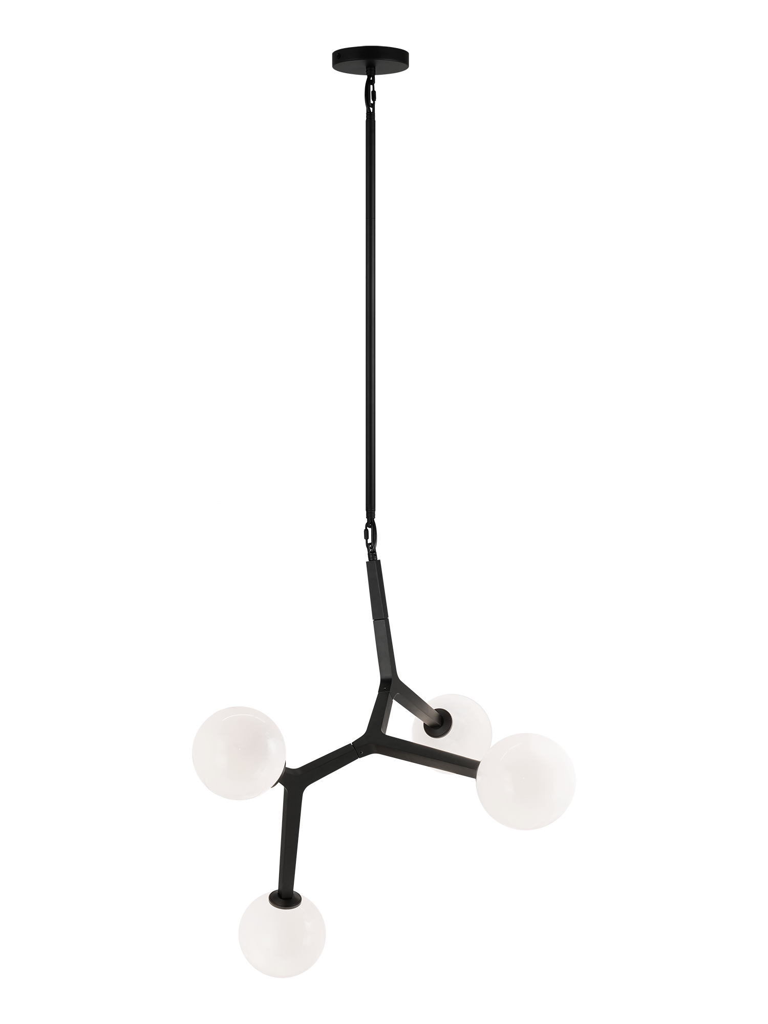 A mid-century inspired series that features branch-like elements with attached Opal Glass. The Rami is a stylish and graceful design that will bring refinement to any room. Available in the form of chandelier, wall sconce, and flush mount