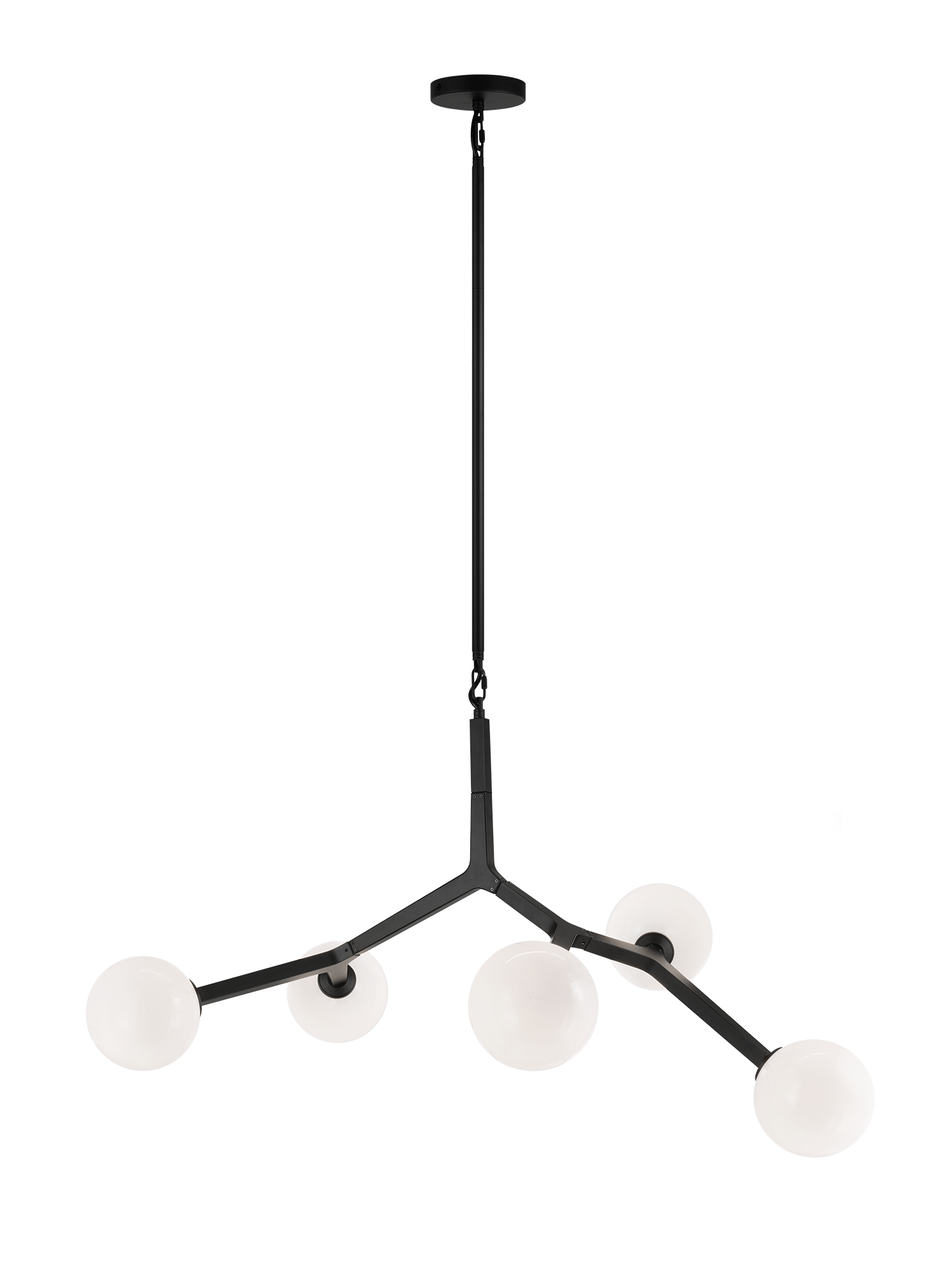 A mid-century inspired series that features branch-like elements with attached Opal Glass. The Rami is a stylish and graceful design that will bring refinement to any room. Available in the form of chandelier, wall sconce, and flush mount