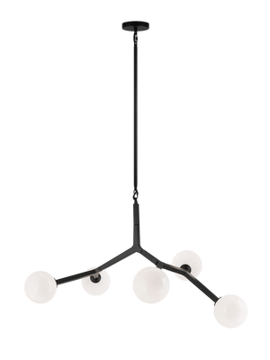 A mid-century inspired series that features branch-like elements with attached Opal Glass. The Rami is a stylish and graceful design that will bring refinement to any room. Available in the form of chandelier, wall sconce, and flush mount