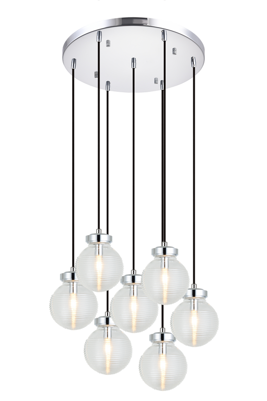 The Ridge collection is designed with ribbed glass globes that create a harmonious century-old feel. Gorgeous and stylish, comes in a single pendant and one light, two light, three light or four light wall sconce option. Matte Black or Chrome finishes.