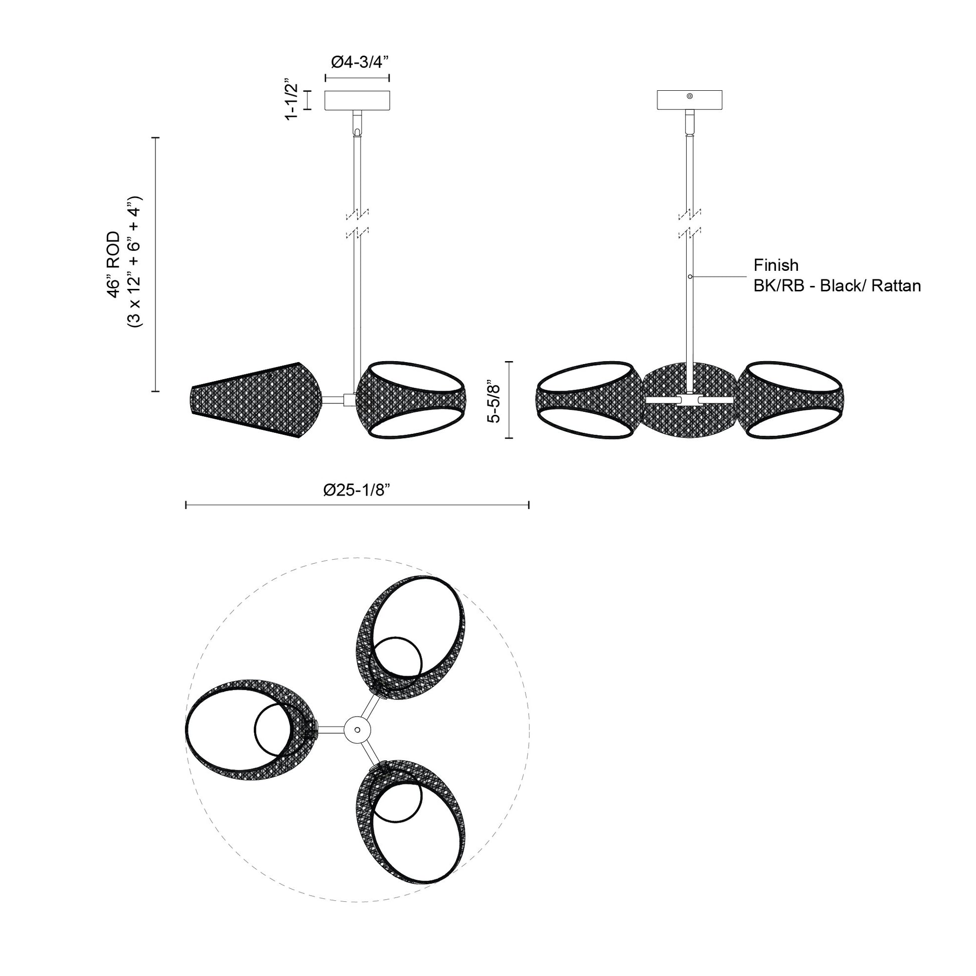 Lanai 3 Head Black/Opal Glass LED Chandelier