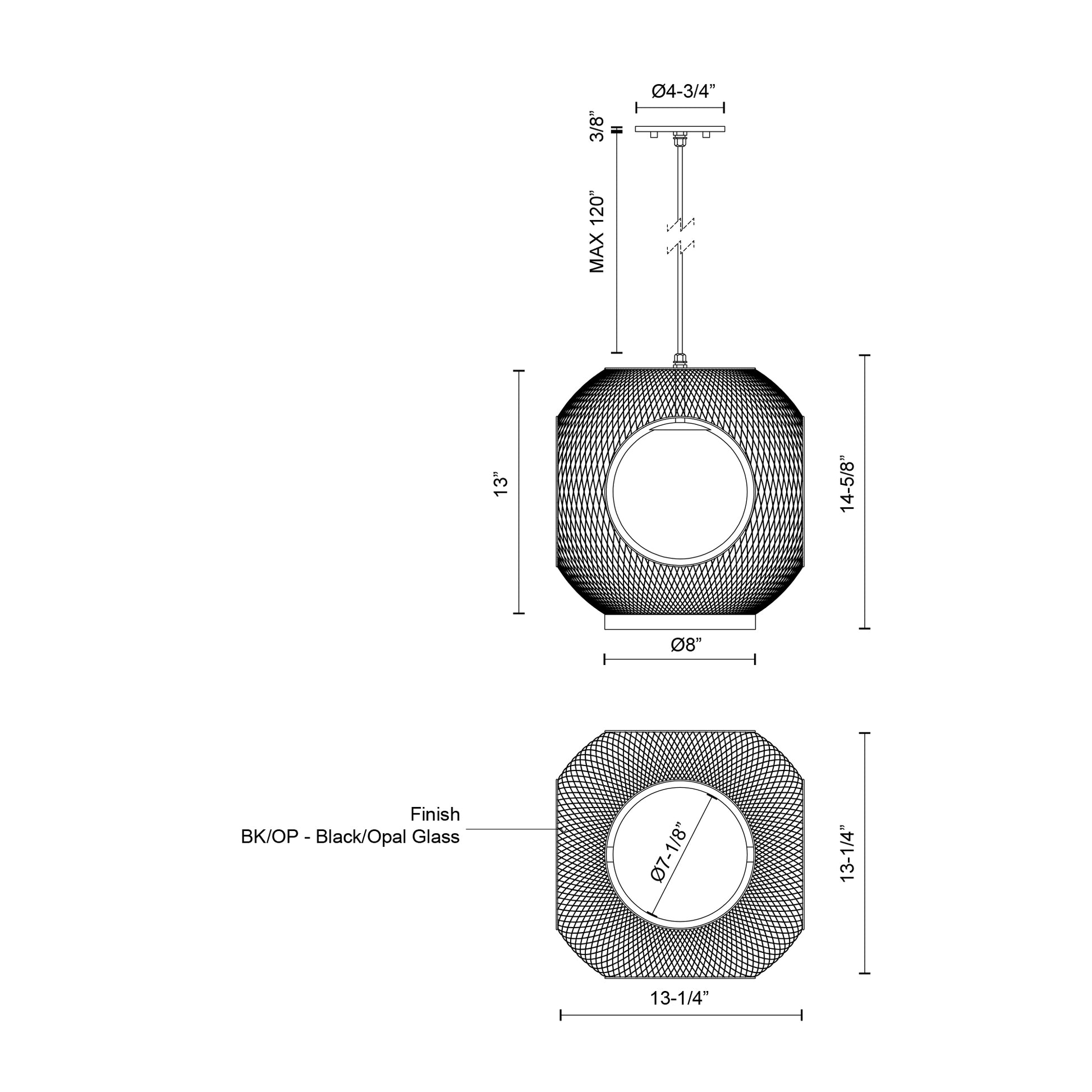 Kona 13-in Black/Opal Glass 1 Light Exterior Pendant