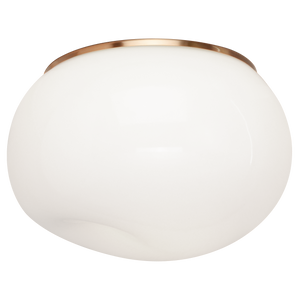 A contemporary flush mount and vanity series. Gelasin features a thin canopy attached to a hand blown Opal glass with a unique dent which adds to the aesthetics. Available in 2 sizes and 2 finishes