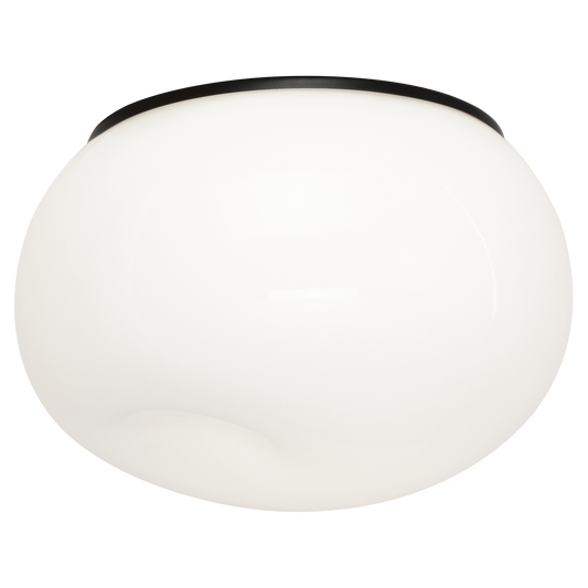 A contemporary flush mount and vanity series. Gelasin features a thin canopy attached to a hand blown Opal glass with a unique dent which adds to the aesthetics. Available in 2 sizes and 2 finishes