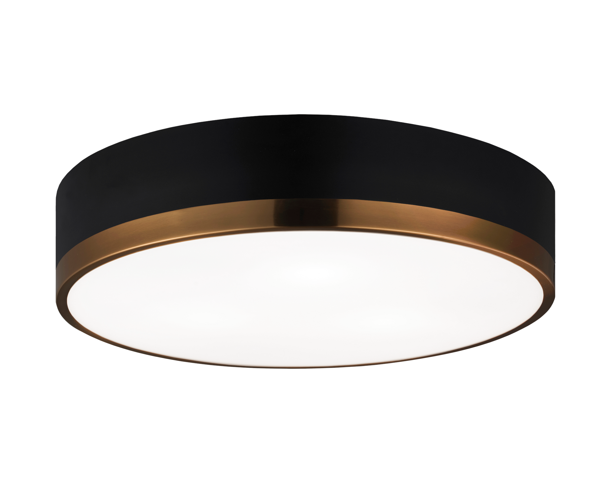 Trydor is an ultra modern take on the traditional flush mount with a higher profile.This two-tone series features a thick Black or White band with a thin contrasting finish of either Chrome or Aged Gold Brass. A versatile fixture, suitable for any room.