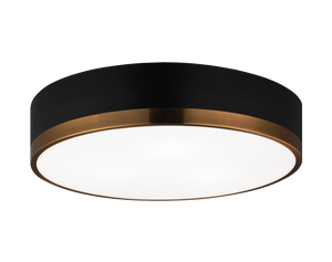 Trydor is an ultra modern take on the traditional flush mount with a higher profile.This two-tone series features a thick Black or White band with a thin contrasting finish of either Chrome or Aged Gold Brass. A versatile fixture, suitable for any room.