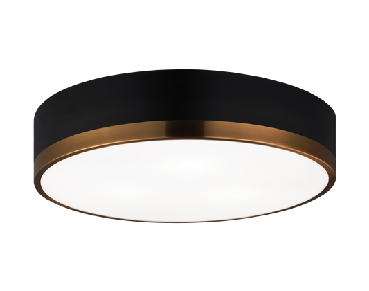 Trydor is an ultra modern take on the traditional flush mount with a higher profile.This two-tone series features a thick Black or White band with a thin contrasting finish of either Chrome or Aged Gold Brass. A versatile fixture, suitable for any room.
