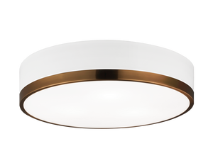 Trydor is an ultra modern take on the traditional flush mount with a higher profile.This two-tone series features a thick Black or White band with a thin contrasting finish of either Chrome or Aged Gold Brass. A versatile fixture, suitable for any room.