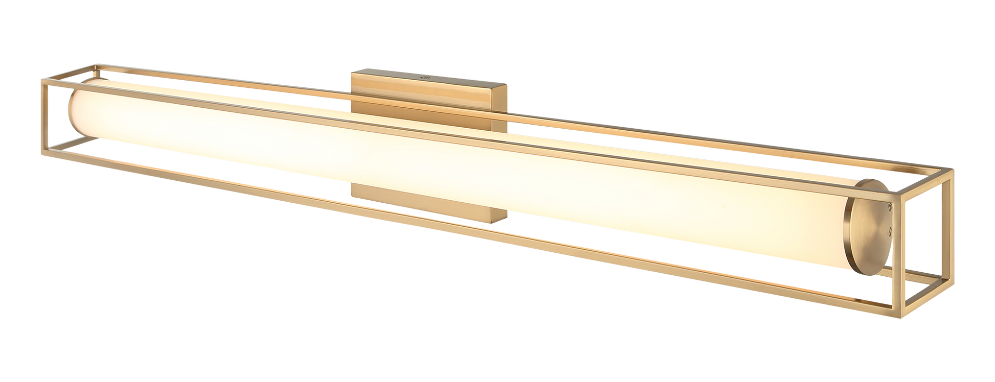 The Flannigan wall vanity series, available in 2 sizes. The LED cylinder tube is surrounded by a metal frame in Aged Gold Brass or Matte Black finish for a very striking polished look.