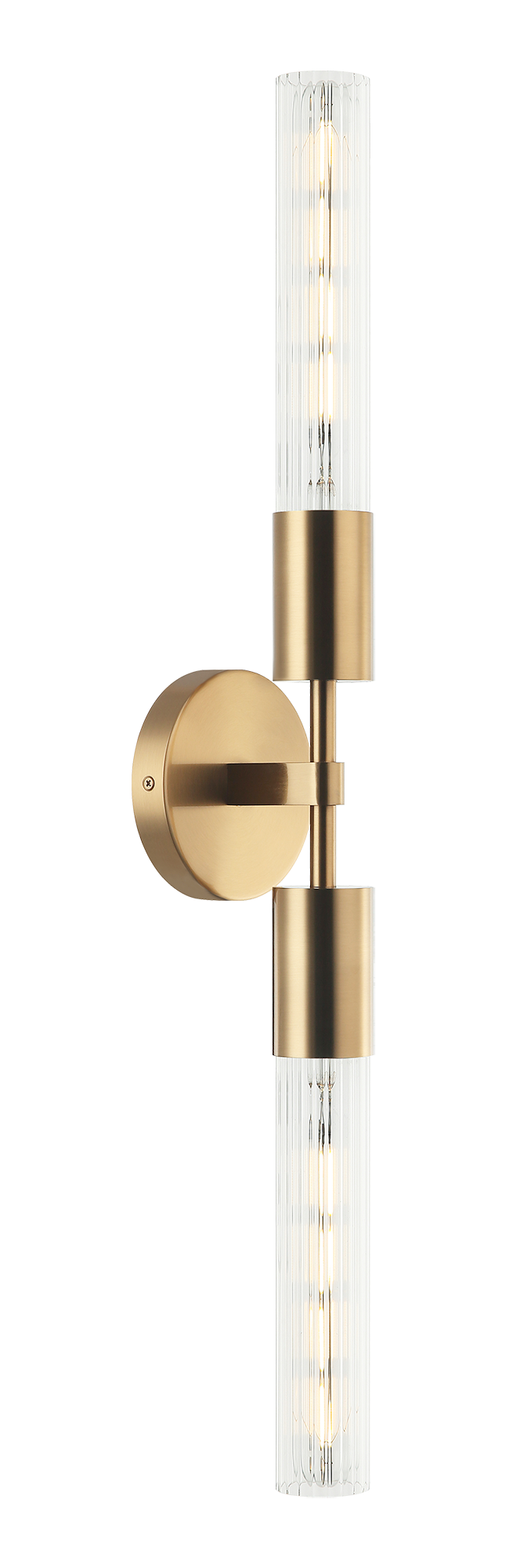 The Lumière is a modern wall vanity in an Aged Gold Brass or Matte Black socket and round backplate complemented by ribbed glass. Available in single or 2 light.