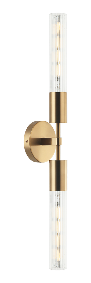 The Lumière is a modern wall vanity in an Aged Gold Brass or Matte Black socket and round backplate complemented by ribbed glass. Available in single or 2 light.