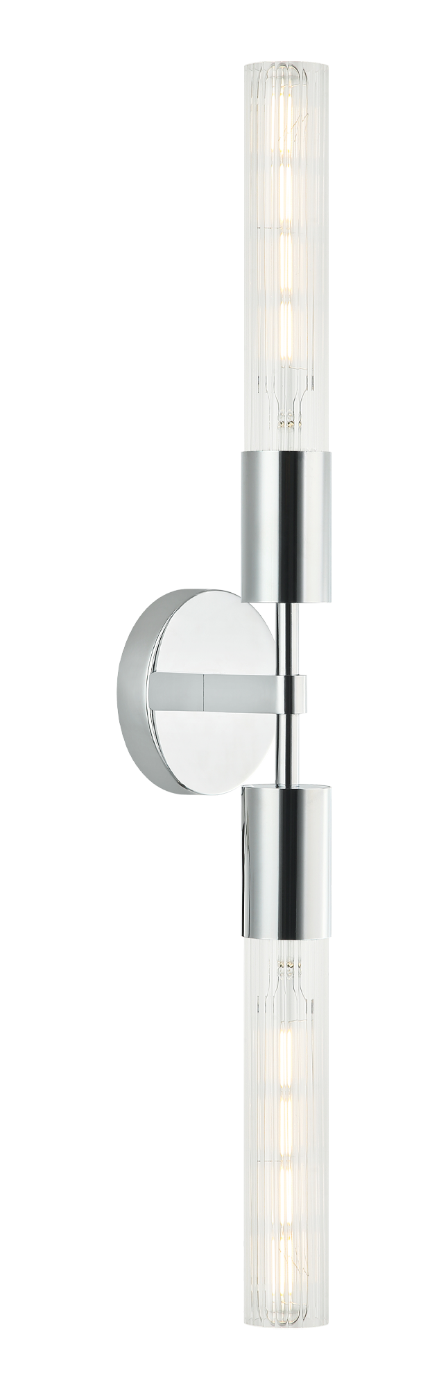 The Lumière is a modern wall vanity in an Aged Gold Brass or Matte Black socket and round backplate complemented by ribbed glass. Available in single or 2 light.