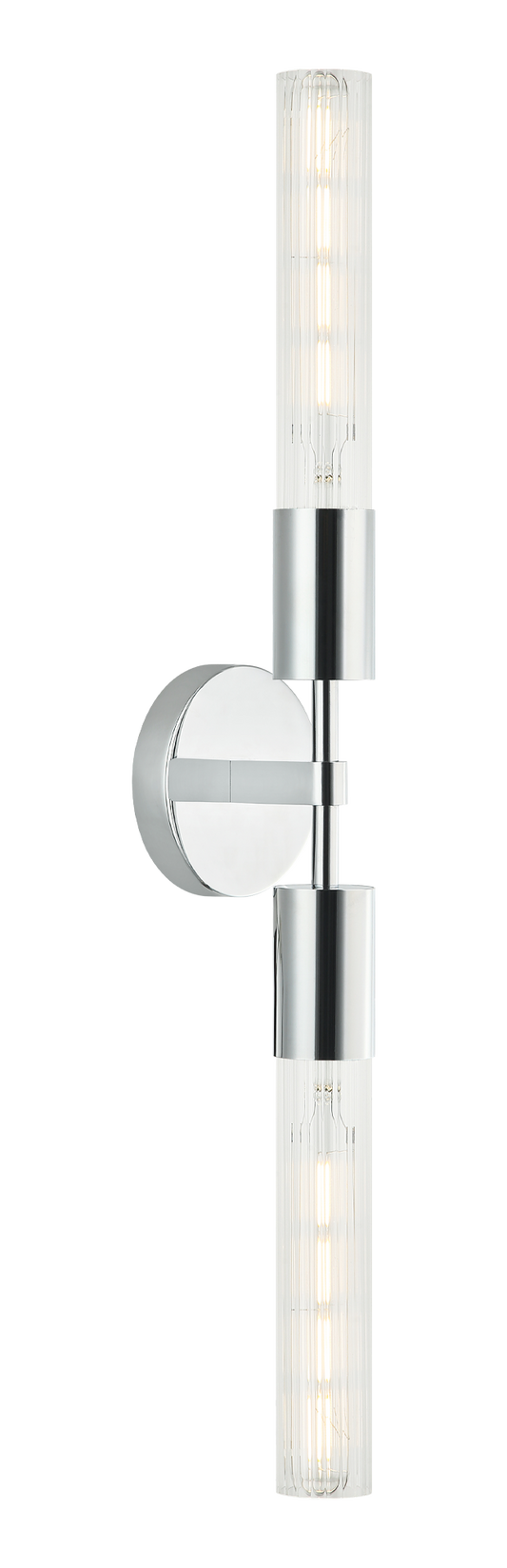 The Lumière is a modern wall vanity in an Aged Gold Brass or Matte Black socket and round backplate complemented by ribbed glass. Available in single or 2 light.