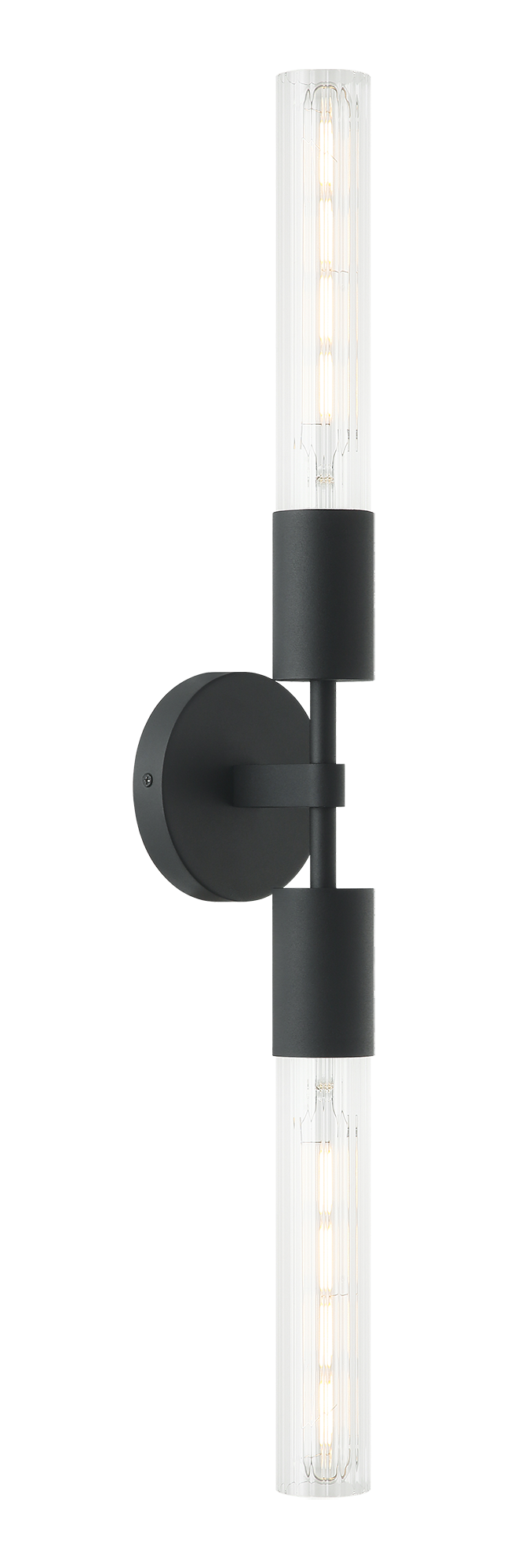 The Lumière is a modern wall vanity in an Aged Gold Brass or Matte Black socket and round backplate complemented by ribbed glass. Available in single or 2 light.