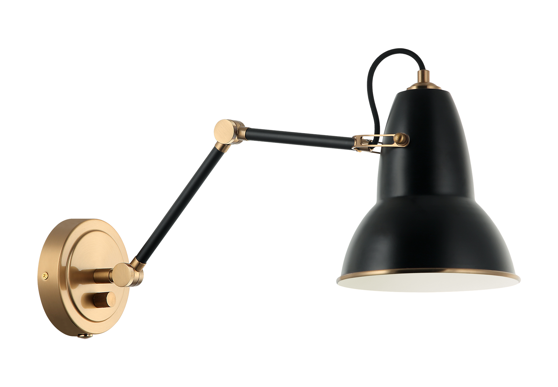A playful yet sophisticated wall sconce collection. Designed with a dome shaped adjustable shade with Aged Gold Brass trim. This is extended with an adjustable arm. Features a built in dimmer, and available in 2 finish combinations and 2 sizes.