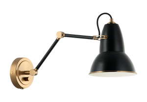 A playful yet sophisticated wall sconce collection. Designed with a dome shaped adjustable shade with Aged Gold Brass trim. This is extended with an adjustable arm. Features a built in dimmer, and available in 2 finish combinations and 2 sizes.